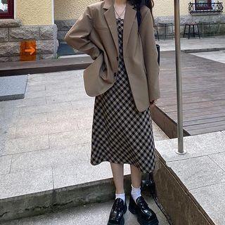 Single-breasted Blazer / Spaghetti Strap Plaid Midi A-line Dress / Set