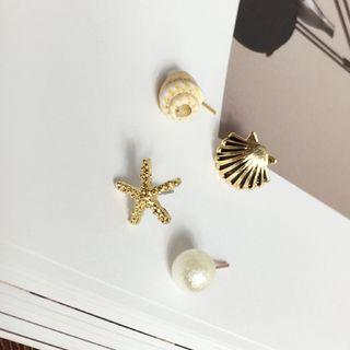Set Of 4: Starfish / Scallop / Shell / Faux Pearl Earring
