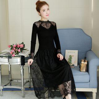 Long-sleeve Knit Panel Midi A-line Lace Dress