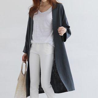 Long-sleeve Plain Loose Fit Long Linen Trench Coat