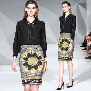 Set: Bow Accent Blouse + Printed Pencil Skirt