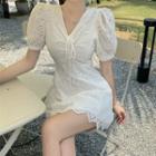 Puff-sleeve Eyelet Mini A-line Dress