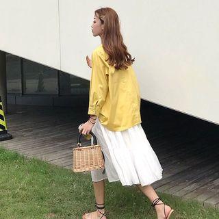 Plain Loose-fit Long-sleeve Blouse / High-waist Pleated Skirt
