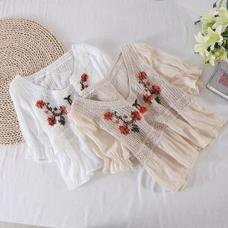 V-neck Knit Panel Chiffon Puff-sleeve Top