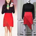 Long-sleeve Mock Neck Plain Sweater / Fringed Pencil Skirt