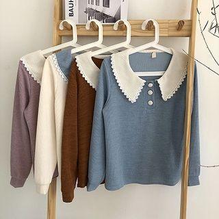 Color-block Peter-pan Collar Lace Long-sleeve Knit Top