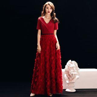 Short Sleeve V-neck Fringed A-line Evening Gown