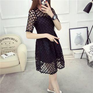 Crochet Elbow-sleeve Midi A-line Dress
