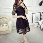 Crochet Elbow-sleeve Midi A-line Dress