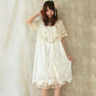 Short-sleeve Lace Panel A-line Dress Beige - One Size