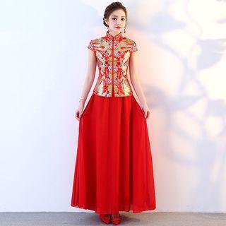 Set: Printed Cap-sleeve Hanfu Blouse + Midi A-line Skirt