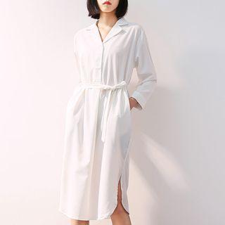 Long-sleeve Chiffon Midi Shirtdress White - One Size