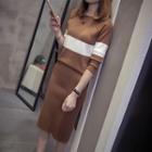 Set: Two-tone Knitted Pullover + Straight-fit Skirt