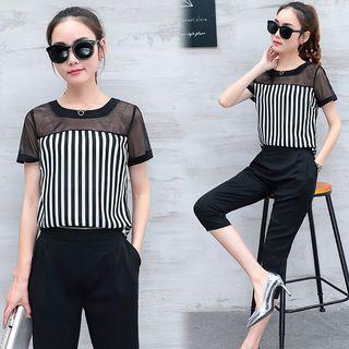 Set: Mesh Panel Striped Short Sleeve Top + Plain Cropped Pants