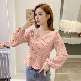 Long-sleeve Dotted V-neck Blouse