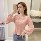 Long-sleeve Dotted V-neck Blouse