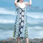 Set: Sleeveless Top + Printed Slit Midi A-line Pinafore Dress