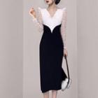 Long-sleeve V-neck Lace Panel Maxi Dress