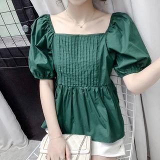Puff-sleeve Square-neck Striped Ruched Shirt