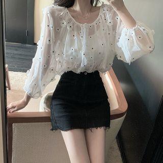 Flower Applique Chiffon Blouse White - One Size
