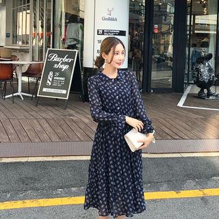 Half-placket Patterned Chiffon Dress Navy Blue - One Size