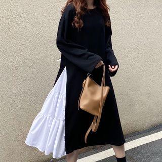 Long-sleeve Panel Long Sweatshirt Dress Black - One Size