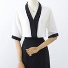 Elbow-sleeve V-neck Two-tone Blouse