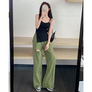 Plain Irregular Camisole Top / Plain Distressed Straight Leg Pants
