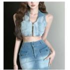 Collar Zip Denim Crop Tank Top / Mini Pencil Skirt