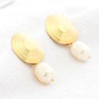 Freshwater Pearl Alloy Disc Dangle Earring Gold & White - One Size