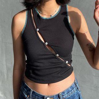 Contrast Trim Asymmetric Cut-out Ribbed Tank Top