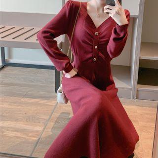 Shirred Front Buttoned Knit Midi Dress