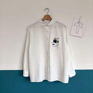 Print Pocket Long-sleeve Blouse White - One Size