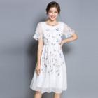 Short-sleeve Embroidered Pleated Chiffon Dress