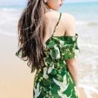 Short-sleeve Cutout Floral Print A-line Mini Beach Dress