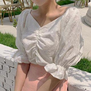 Set: Elbow-sleeve Embroidered Blouse + A-line Skirt