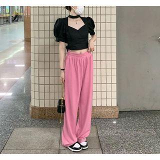 Short-sleeve Square-neck Crop Top / Wide Leg Pants / Set
