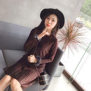 Furry Cuff Velvet Long-sleeve Shift Dress