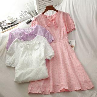 Short-sleeve Bow Plain Midi Dress