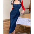 Plain Light Cardigan / Spaghetti Strap Slim-fit Denim Dress