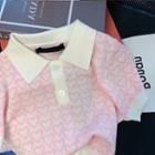 Short-sleeve Polo Neck Heart Print Knit Top