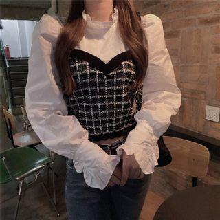 Mock Two-piece Plaid Panel Cropped Blouse Black & White - One Size