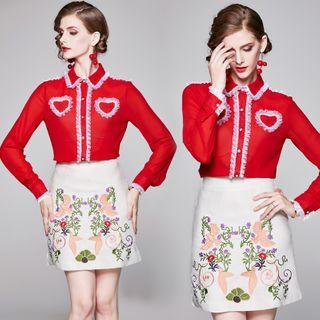 Set: Ruffled Shirt + Flower Embroidered Mini A-line Skirt