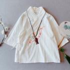 3/4-sleeve Embroidered Wrap Linen Blouse