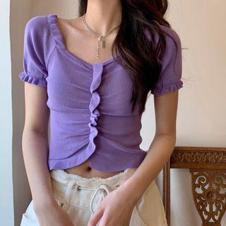Short-sleeve Ruffle Trim Plain Cropped Top