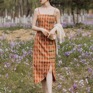 Spaghetti Strap Plaid Midi A-line Dress / Crocheted Cardigan / Set