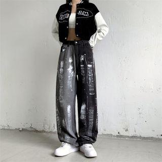 Two-tone Splatter Print Straight Leg Jeans