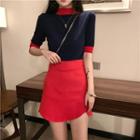 Elbow-sleeve Color Block Knit Top / A-line Mini Skirt