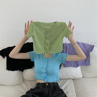 Frilled Short-sleeve Slim-fit Cropped Knit Top