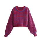 Lantern-sleeve Plaid Sweater